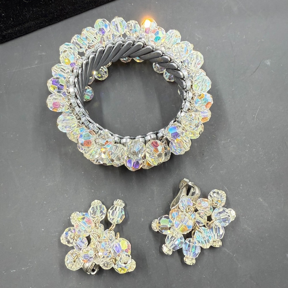 Vintage Japan Aurora Borealis Crystal Bead Stretch Bracelet 2"-4.5" & Earrings